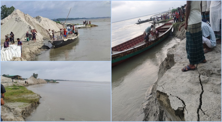 নদীর পাড়ে বালুর স্তূপ, বাঁধের ১৫০ মিটার যমুনায় বিলীন